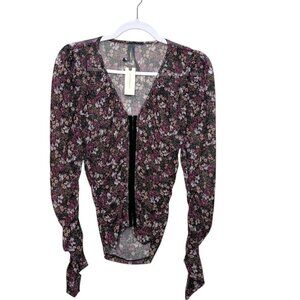 Anthropologie Mesh Floral Long Sleeve Sheer Blouse Women S Black Multi NWT Boho‎